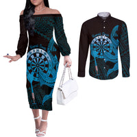 Aloha Hawaii Darts Couples Matching Off The Shoulder Long Sleeve Dress and Long Sleeve Button Shirt Dart Board With Polynesian Shark - Blue LT14 Blue - Polynesian Pride
