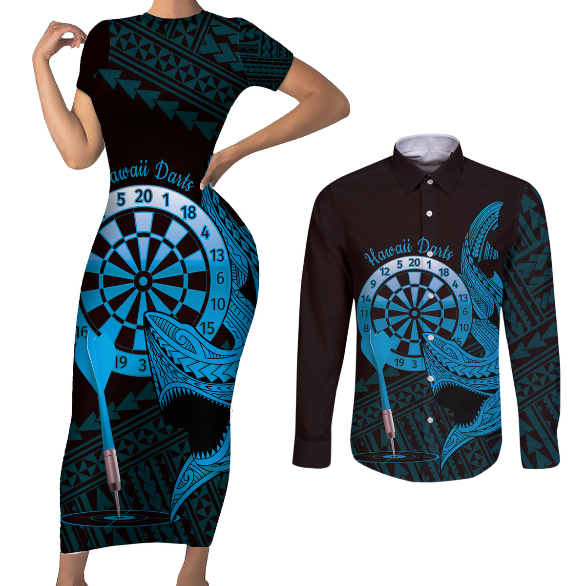 Aloha Hawaii Darts Couples Matching Short Sleeve Bodycon Dress and Long Sleeve Button Shirt Dart Board With Polynesian Shark - Blue LT14 Blue - Polynesian Pride