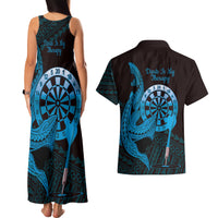 Aloha Hawaii Darts Couples Matching Tank Maxi Dress and Hawaiian Shirt Dart Board With Polynesian Shark - Blue LT14 - Polynesian Pride