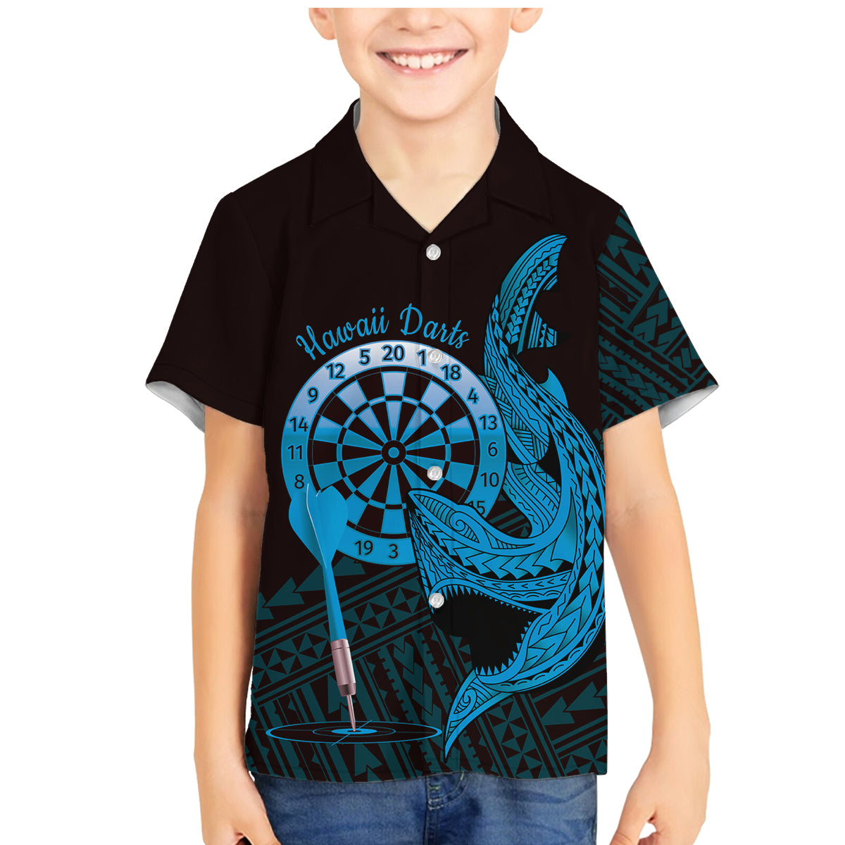Aloha Hawaii Darts Family Matching Mermaid Dress and Hawaiian Shirt Dart Board With Polynesian Shark - Blue