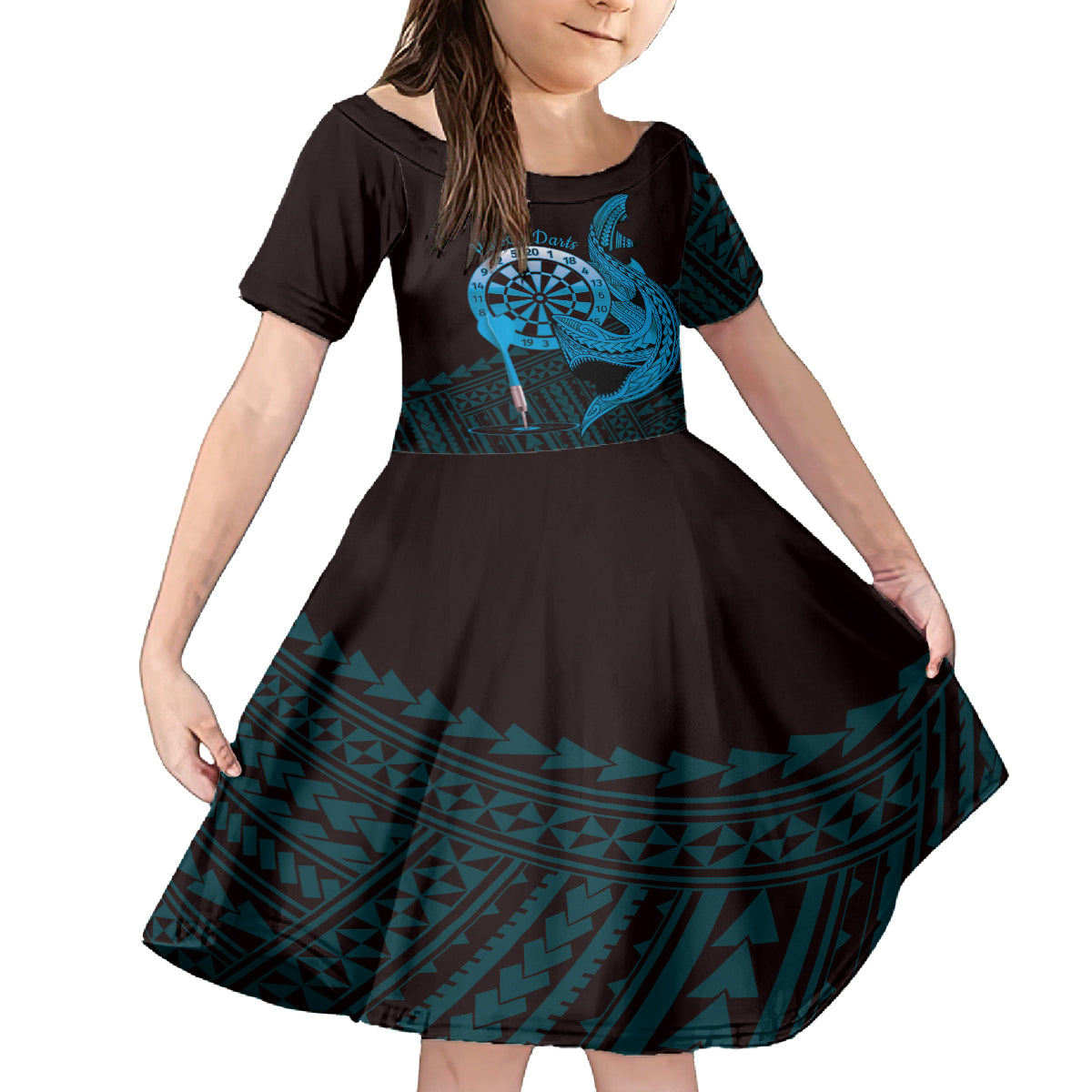 Aloha Hawaii Darts Family Matching Off Shoulder Maxi Dress and Hawaiian Shirt Dart Board With Polynesian Shark - Blue LT14 Daughter's Dress Blue - Polynesian Pride