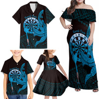 Aloha Hawaii Darts Family Matching Off Shoulder Maxi Dress and Hawaiian Shirt Dart Board With Polynesian Shark - Blue LT14 - Polynesian Pride