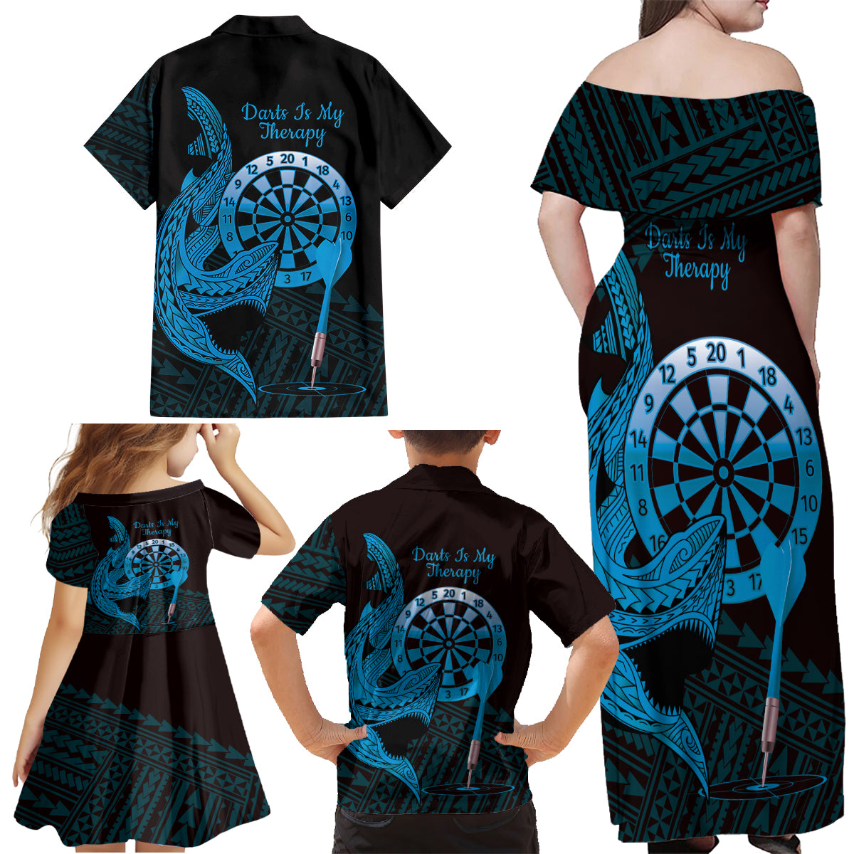 Aloha Hawaii Darts Family Matching Off Shoulder Maxi Dress and Hawaiian Shirt Dart Board With Polynesian Shark - Blue LT14 - Polynesian Pride