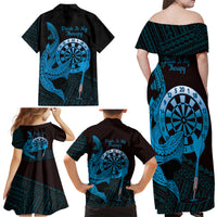 Aloha Hawaii Darts Family Matching Off Shoulder Maxi Dress and Hawaiian Shirt Dart Board With Polynesian Shark - Blue LT14 - Polynesian Pride