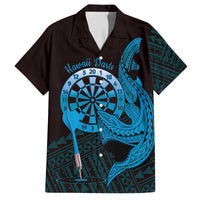 Aloha Hawaii Darts Family Matching Off Shoulder Maxi Dress and Hawaiian Shirt Dart Board With Polynesian Shark - Blue LT14 Dad's Shirt - Short Sleeve Blue - Polynesian Pride