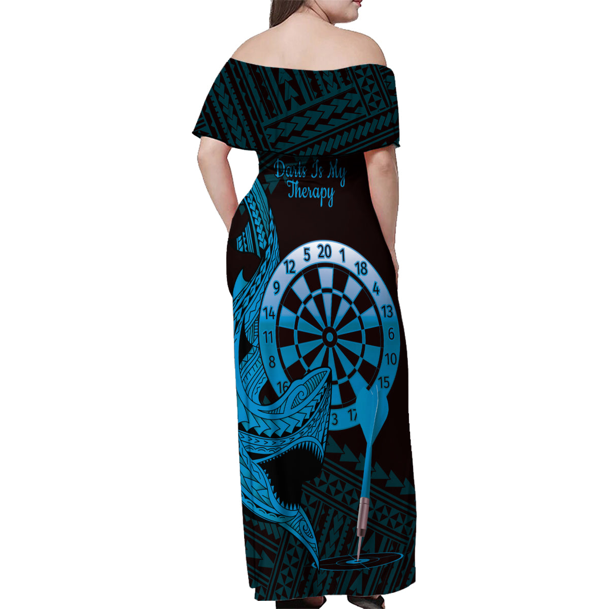 Aloha Hawaii Darts Family Matching Off Shoulder Maxi Dress and Hawaiian Shirt Dart Board With Polynesian Shark - Blue LT14 - Polynesian Pride
