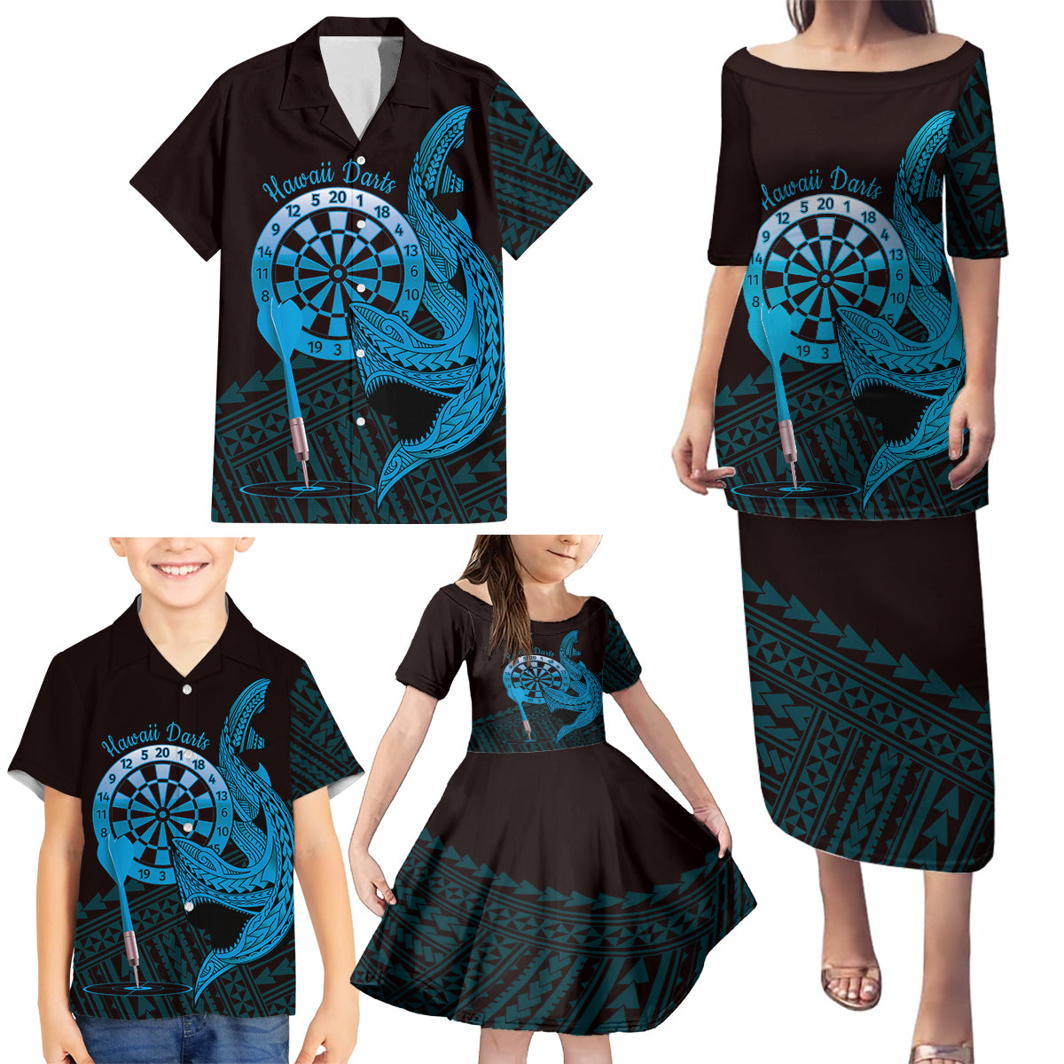 Aloha Hawaii Darts Family Matching Puletasi and Hawaiian Shirt Dart Board With Polynesian Shark - Blue LT14 - Polynesian Pride
