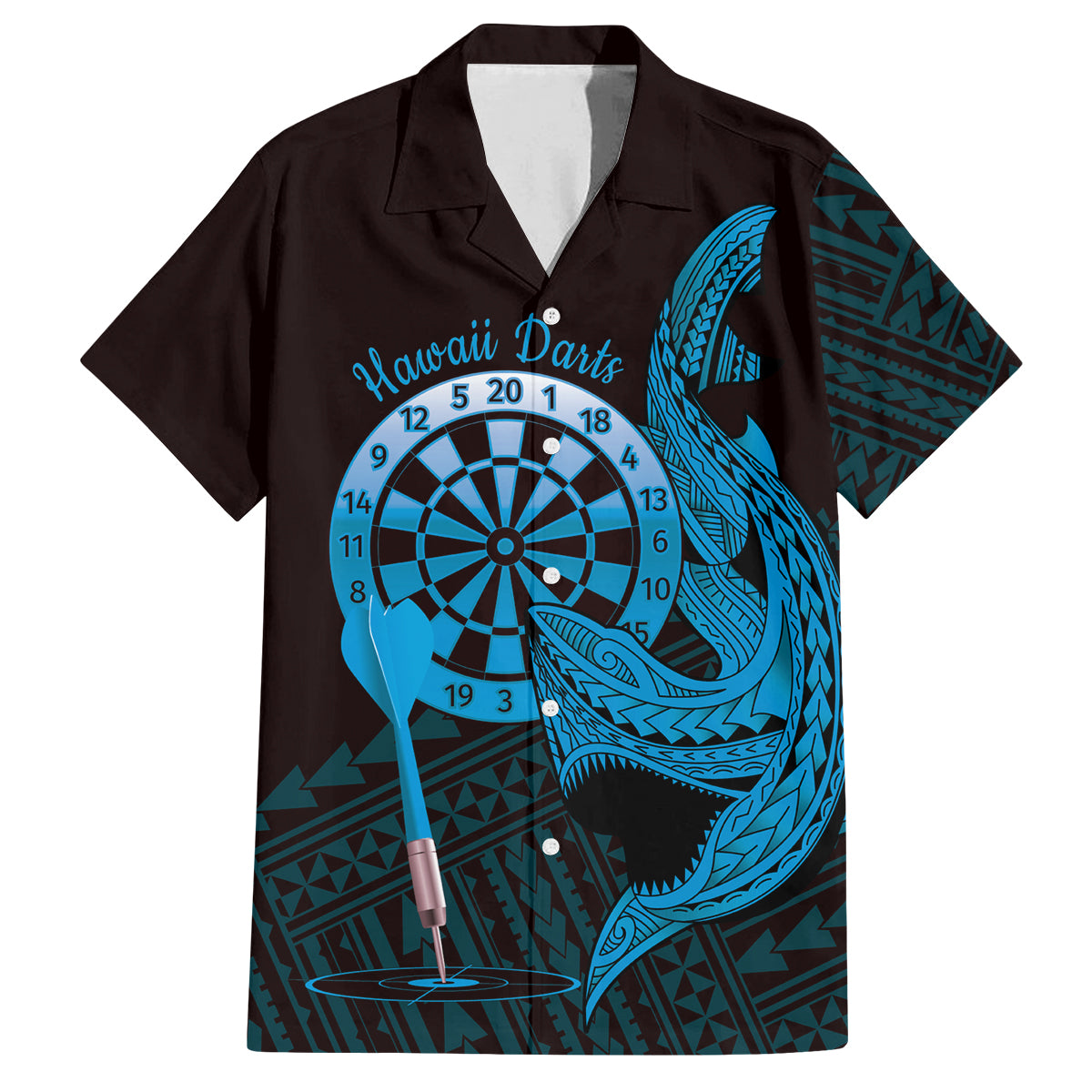 Aloha Hawaii Darts Family Matching Puletasi and Hawaiian Shirt Dart Board With Polynesian Shark - Blue LT14 Dad's Shirt - Short Sleeve Blue - Polynesian Pride