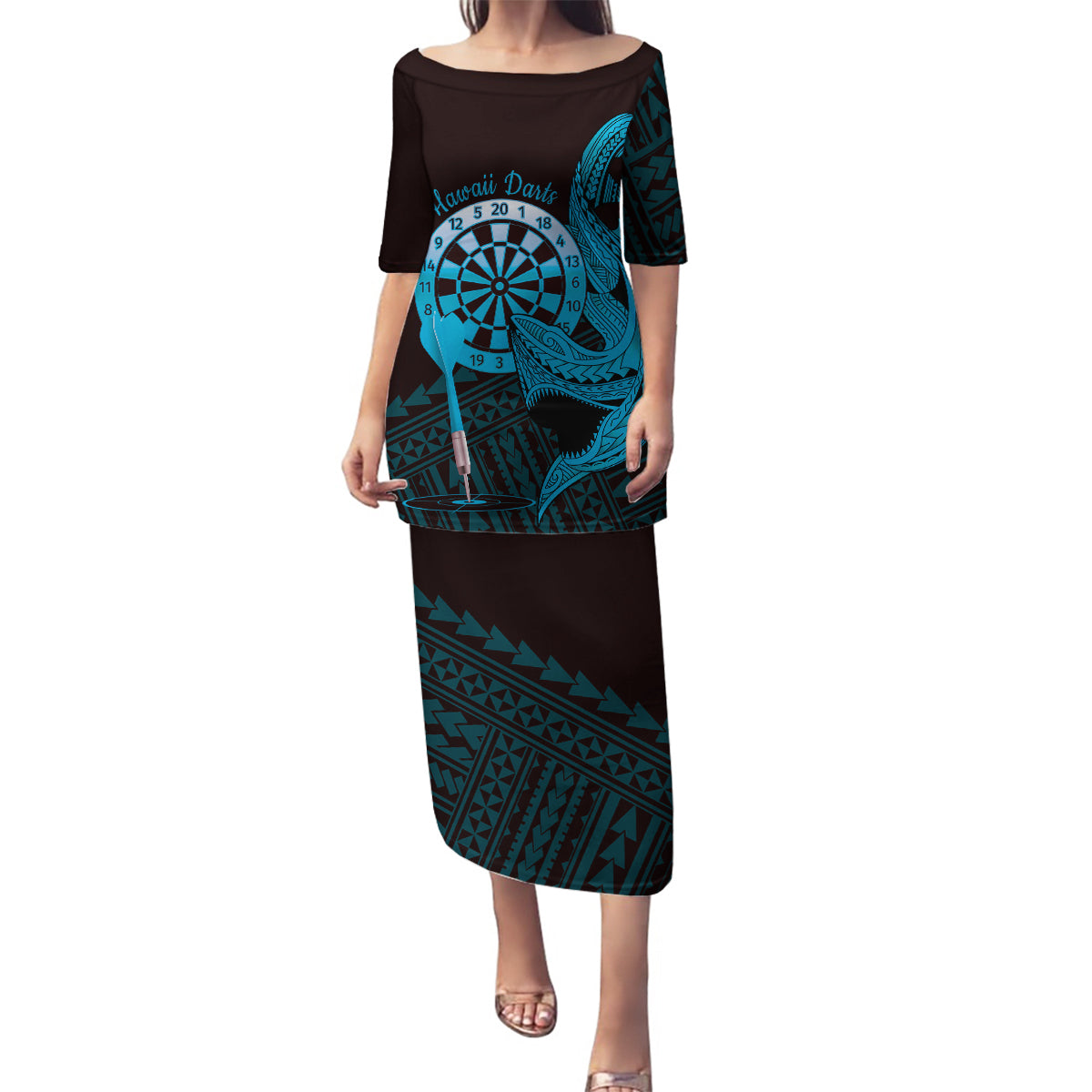 Aloha Hawaii Darts Family Matching Puletasi and Hawaiian Shirt Dart Board With Polynesian Shark - Blue LT14 Mom's Dress Blue - Polynesian Pride