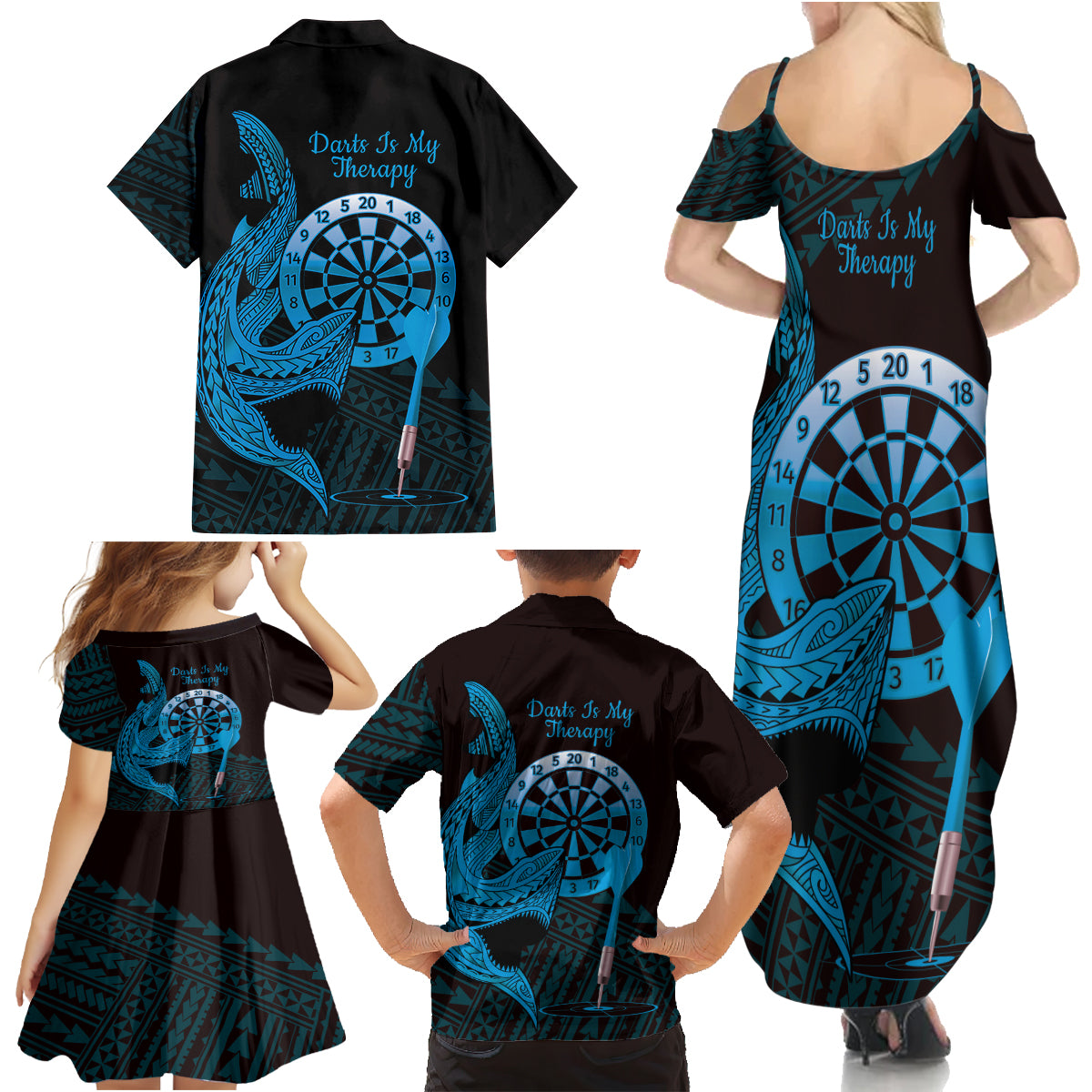 Aloha Hawaii Darts Family Matching Summer Maxi Dress and Hawaiian Shirt Dart Board With Polynesian Shark - Blue LT14 - Polynesian Pride