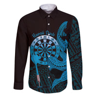 Aloha Hawaii Darts Family Matching Summer Maxi Dress and Hawaiian Shirt Dart Board With Polynesian Shark - Blue LT14 Dad's Shirt - Long Sleeve Blue - Polynesian Pride