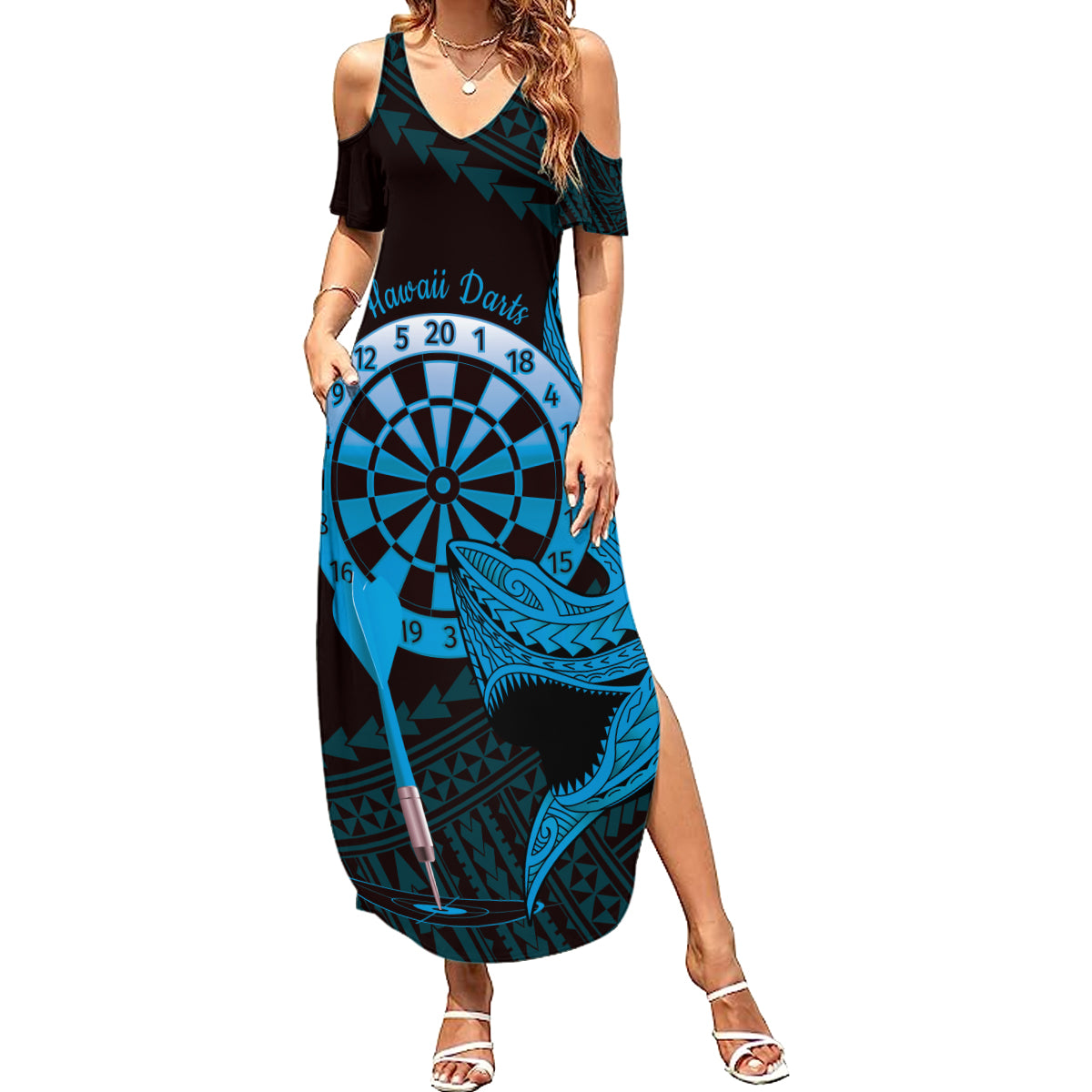 Aloha Hawaii Darts Family Matching Summer Maxi Dress and Hawaiian Shirt Dart Board With Polynesian Shark - Blue LT14 Mom's Dress Blue - Polynesian Pride