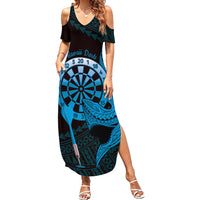 Aloha Hawaii Darts Family Matching Summer Maxi Dress and Hawaiian Shirt Dart Board With Polynesian Shark - Blue LT14 Mom's Dress Blue - Polynesian Pride