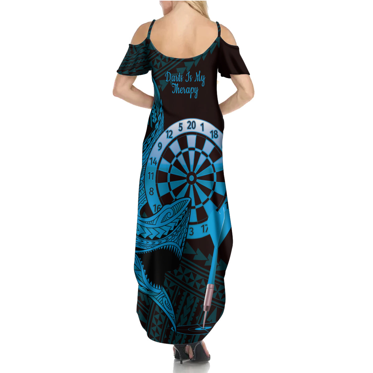 Aloha Hawaii Darts Family Matching Summer Maxi Dress and Hawaiian Shirt Dart Board With Polynesian Shark - Blue LT14 - Polynesian Pride