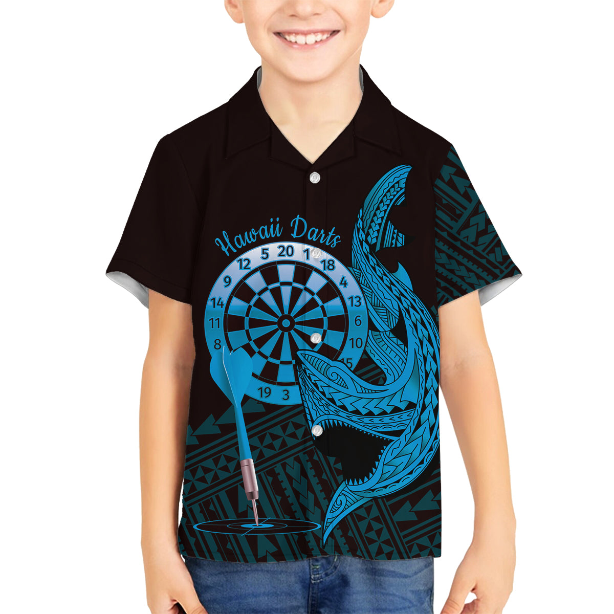 Aloha Hawaii Darts Family Matching Tank Maxi Dress and Hawaiian Shirt Dart Board With Polynesian Shark - Blue