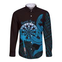 Aloha Hawaii Darts Long Sleeve Button Shirt Dart Board With Polynesian Shark - Blue LT14 Unisex Blue - Polynesian Pride