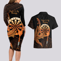Aloha Hawaii Darts Couples Matching Long Sleeve Bodycon Dress and Hawaiian Shirt Dart Board With Polynesian Shark - Gold LT14 - Polynesian Pride