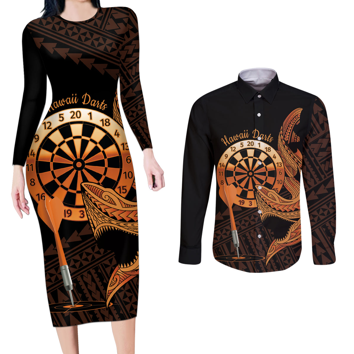 Aloha Hawaii Darts Couples Matching Long Sleeve Bodycon Dress and Long Sleeve Button Shirt Dart Board With Polynesian Shark - Gold LT14 Gold - Polynesian Pride