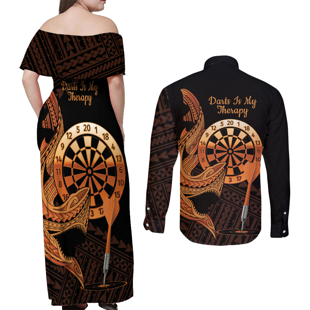 Aloha Hawaii Darts Couples Matching Off Shoulder Maxi Dress and Long Sleeve Button Shirt Dart Board With Polynesian Shark - Gold LT14 - Polynesian Pride