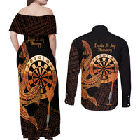 Aloha Hawaii Darts Couples Matching Off Shoulder Maxi Dress and Long Sleeve Button Shirt Dart Board With Polynesian Shark - Gold LT14 - Polynesian Pride