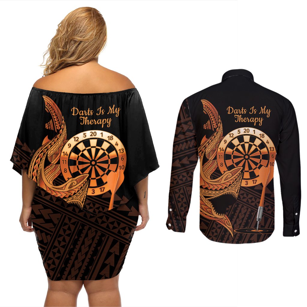 Aloha Hawaii Darts Couples Matching Off Shoulder Short Dress and Long Sleeve Button Shirt Dart Board With Polynesian Shark - Gold LT14 - Polynesian Pride
