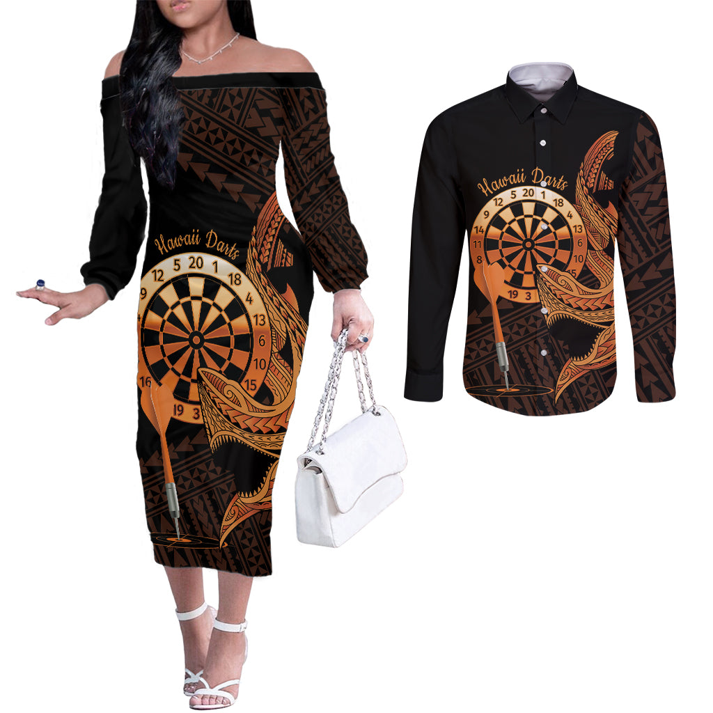 Aloha Hawaii Darts Couples Matching Off The Shoulder Long Sleeve Dress and Long Sleeve Button Shirt Dart Board With Polynesian Shark - Gold LT14 Gold - Polynesian Pride