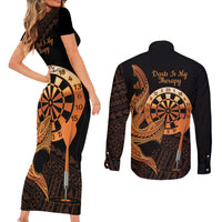 Aloha Hawaii Darts Couples Matching Short Sleeve Bodycon Dress and Long Sleeve Button Shirt Dart Board With Polynesian Shark - Gold LT14 - Polynesian Pride