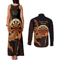 Aloha Hawaii Darts Couples Matching Tank Maxi Dress and Long Sleeve Button Shirt Dart Board With Polynesian Shark - Gold LT14 - Polynesian Pride
