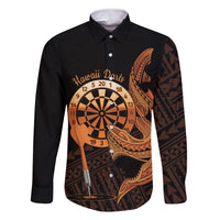 Aloha Hawaii Darts Family Matching Long Sleeve Bodycon Dress and Hawaiian Shirt Dart Board With Polynesian Shark - Gold