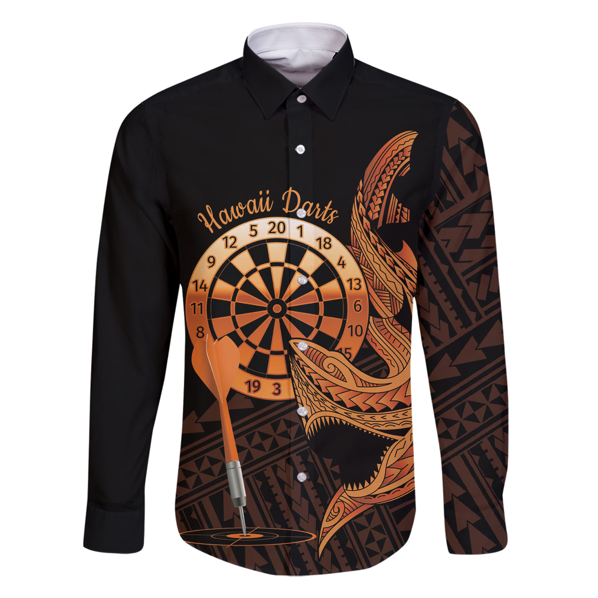 Aloha Hawaii Darts Family Matching Off Shoulder Maxi Dress and Hawaiian Shirt Dart Board With Polynesian Shark - Gold