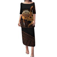 Aloha Hawaii Darts Family Matching Puletasi and Hawaiian Shirt Dart Board With Polynesian Shark - Gold LT14 Mom's Dress Gold - Polynesian Pride