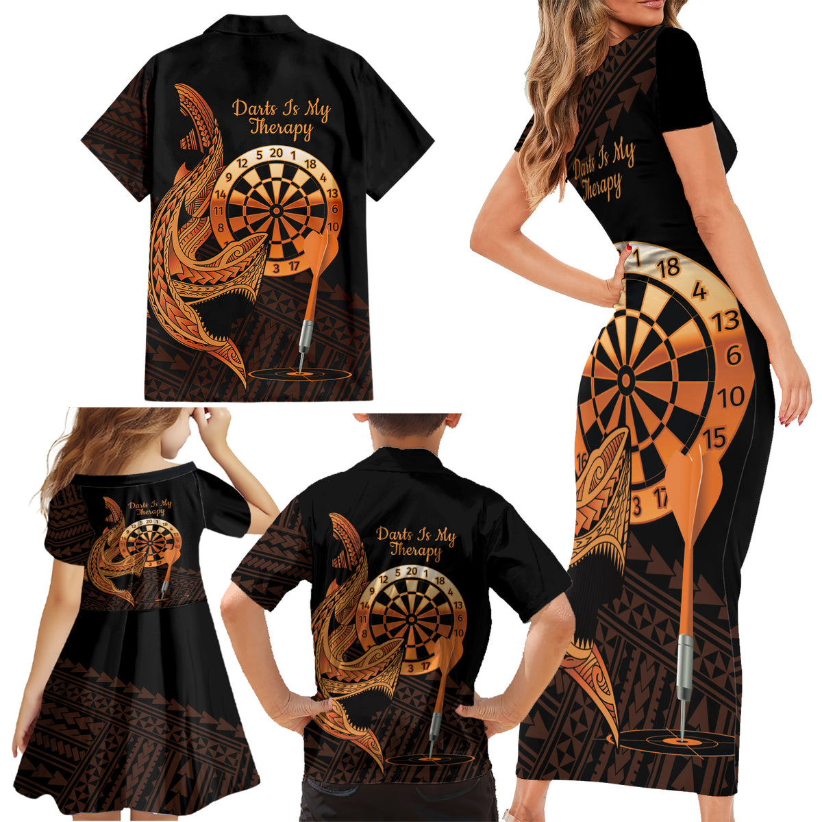 Aloha Hawaii Darts Family Matching Short Sleeve Bodycon Dress and Hawaiian Shirt Dart Board With Polynesian Shark - Gold LT14 - Polynesian Pride
