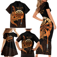 Aloha Hawaii Darts Family Matching Short Sleeve Bodycon Dress and Hawaiian Shirt Dart Board With Polynesian Shark - Gold LT14 - Polynesian Pride