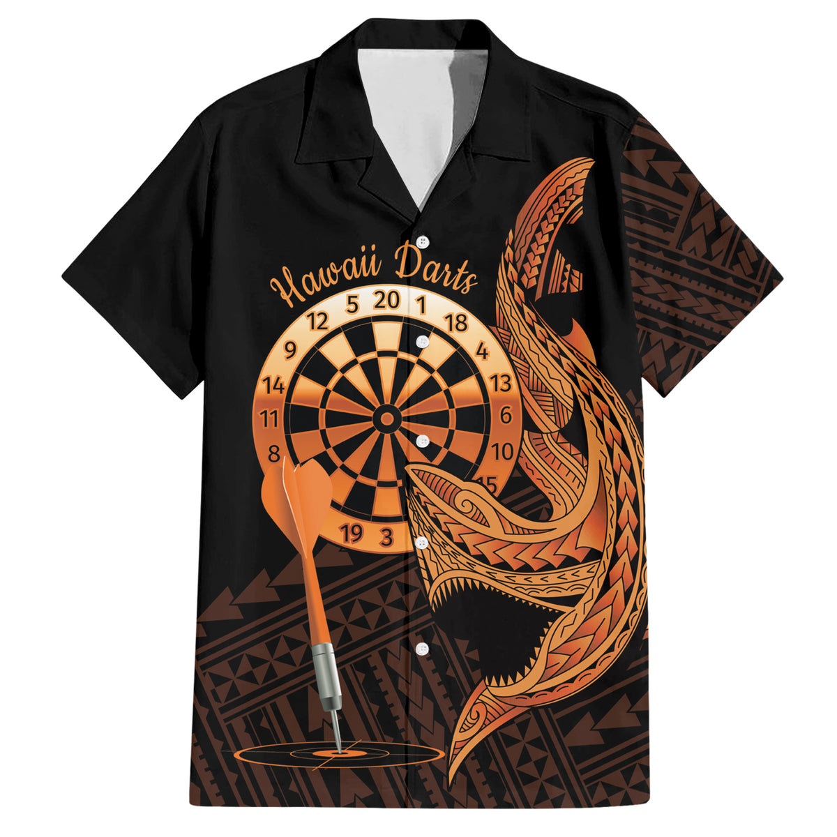Aloha Hawaii Darts Family Matching Short Sleeve Bodycon Dress and Hawaiian Shirt Dart Board With Polynesian Shark - Gold LT14 Dad's Shirt - Short Sleeve Gold - Polynesian Pride