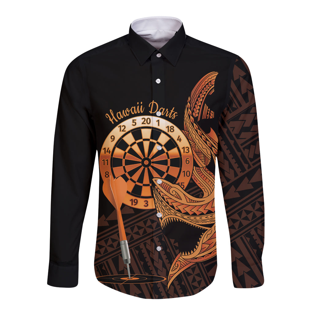 Aloha Hawaii Darts Long Sleeve Button Shirt Dart Board With Polynesian Shark - Gold LT14 Unisex Gold - Polynesian Pride