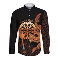 Aloha Hawaii Darts Long Sleeve Button Shirt Dart Board With Polynesian Shark - Gold LT14 Unisex Gold - Polynesian Pride