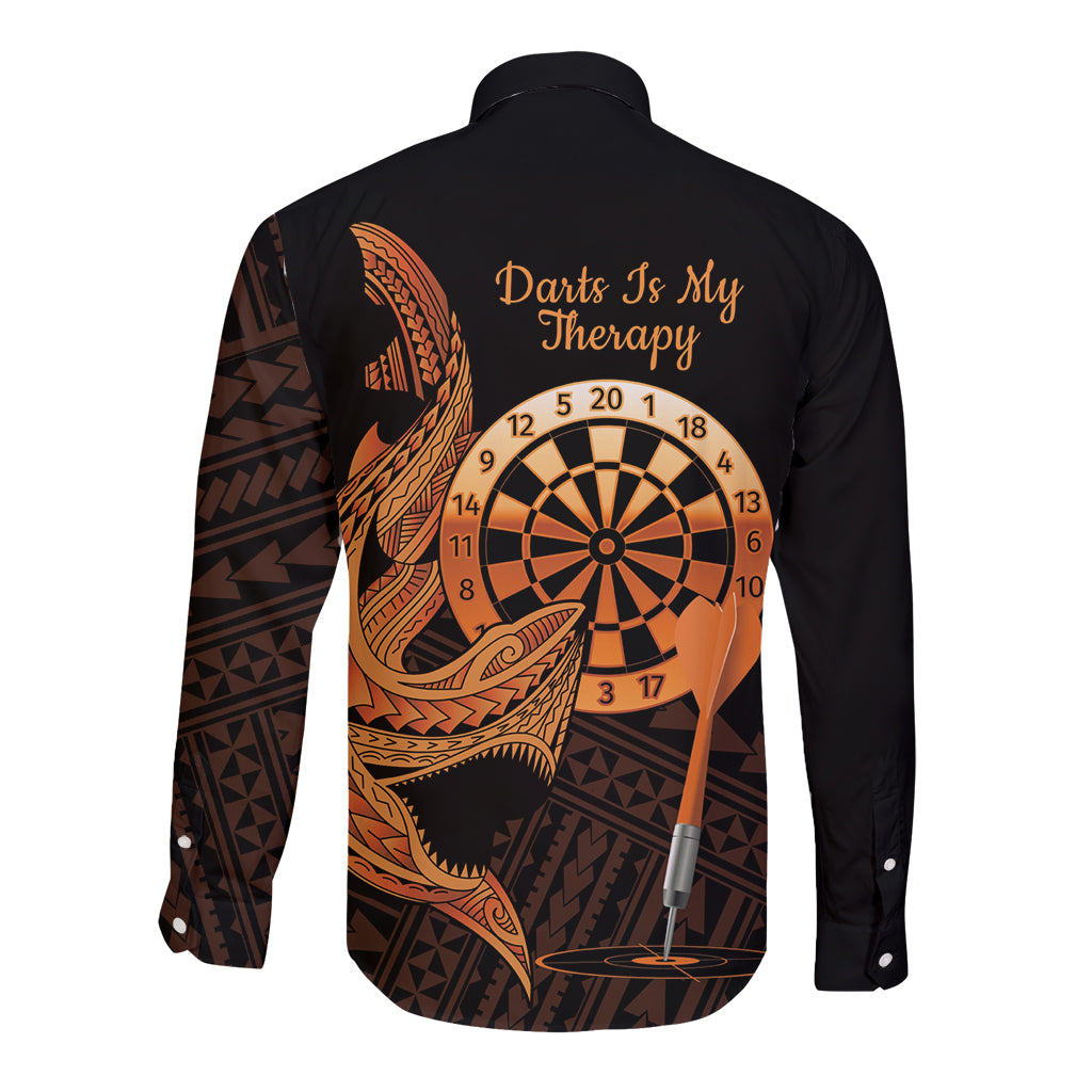 Aloha Hawaii Darts Long Sleeve Button Shirt Dart Board With Polynesian Shark - Gold LT14 - Polynesian Pride