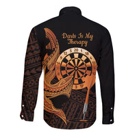 Aloha Hawaii Darts Long Sleeve Button Shirt Dart Board With Polynesian Shark - Gold LT14 - Polynesian Pride