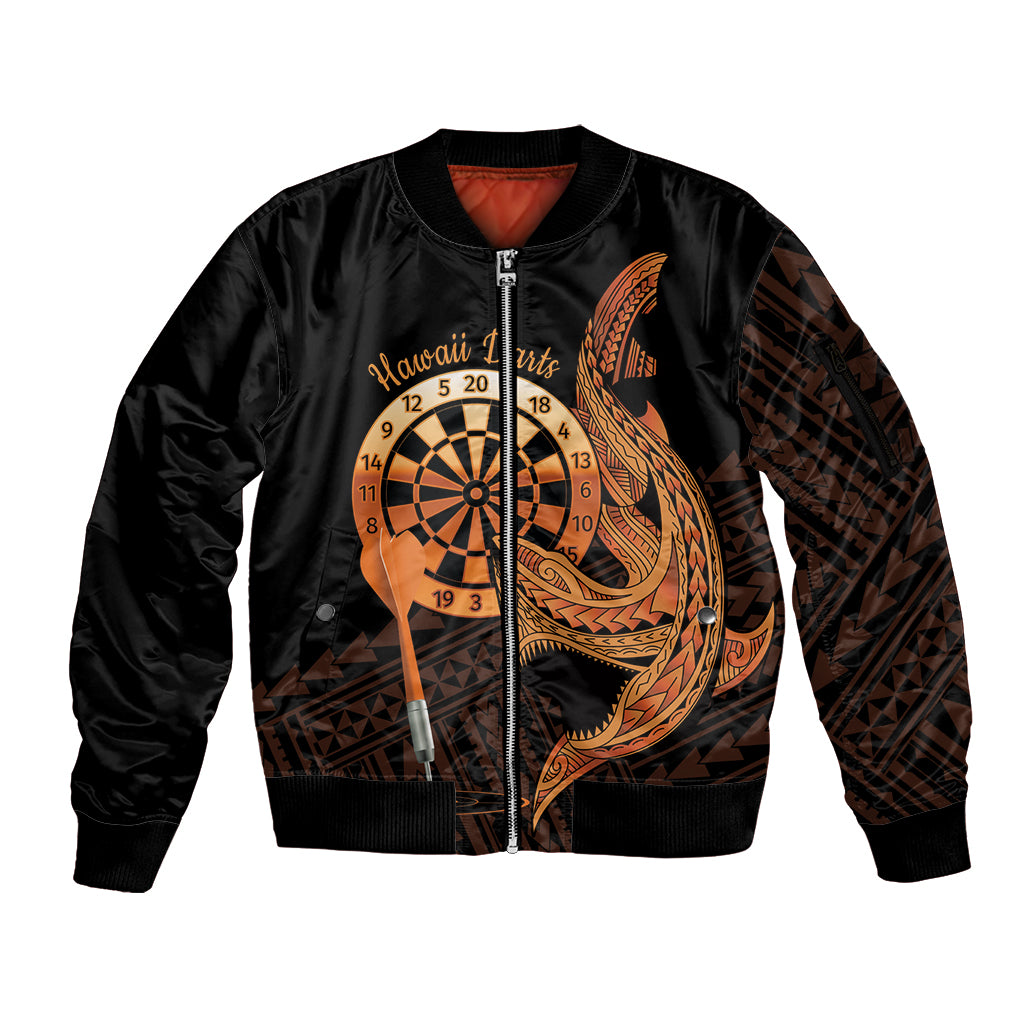 Aloha Hawaii Darts Sleeve Zip Bomber Jacket Dart Board With Polynesian Shark - Gold