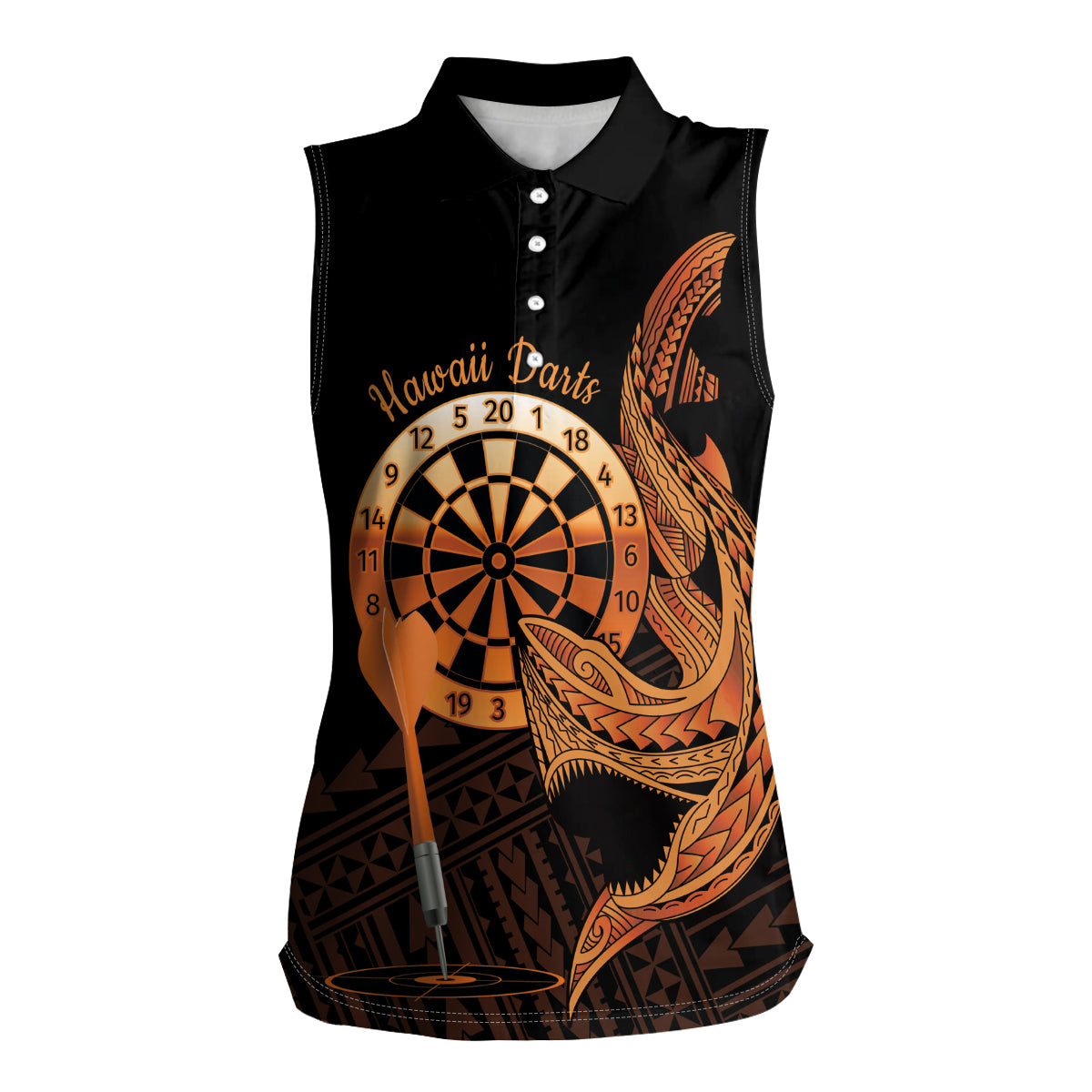 Aloha Hawaii Darts Women Sleeveless Polo Shirt Dart Board With Polynesian Shark - Gold LT14 Female Gold - Polynesian Pride