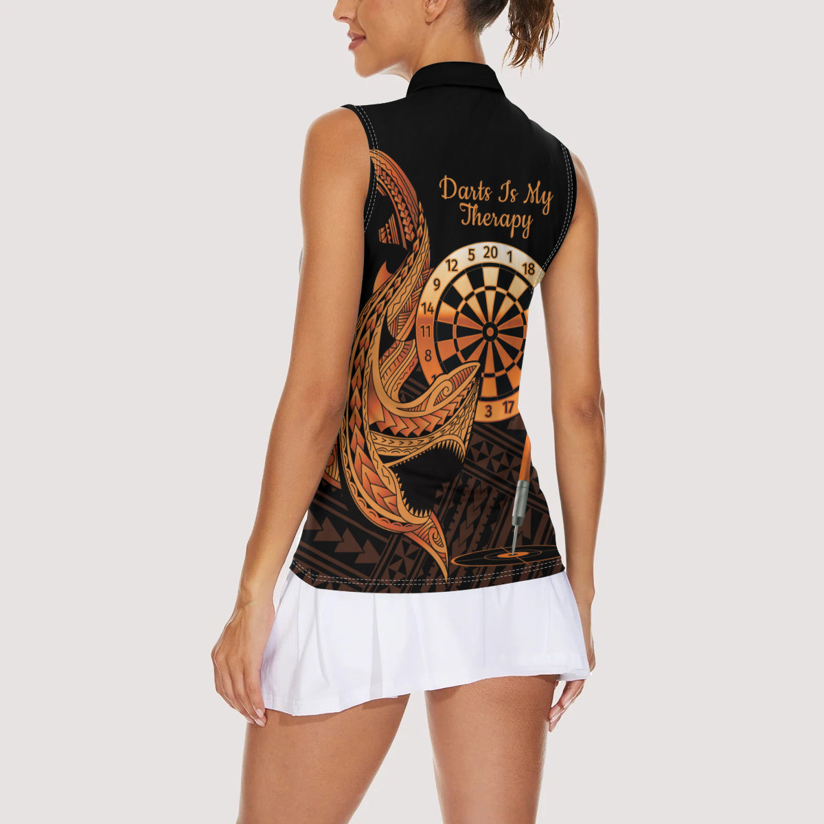 Aloha Hawaii Darts Women Sleeveless Polo Shirt Dart Board With Polynesian Shark - Gold LT14 - Polynesian Pride