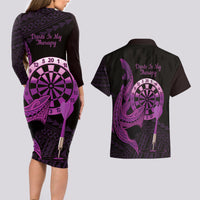 Aloha Hawaii Darts Couples Matching Long Sleeve Bodycon Dress and Hawaiian Shirt Dart Board With Polynesian Shark - Purple LT14 - Polynesian Pride
