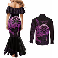 Aloha Hawaii Darts Couples Matching Mermaid Dress and Long Sleeve Button Shirt Dart Board With Polynesian Shark - Purple LT14 - Polynesian Pride
