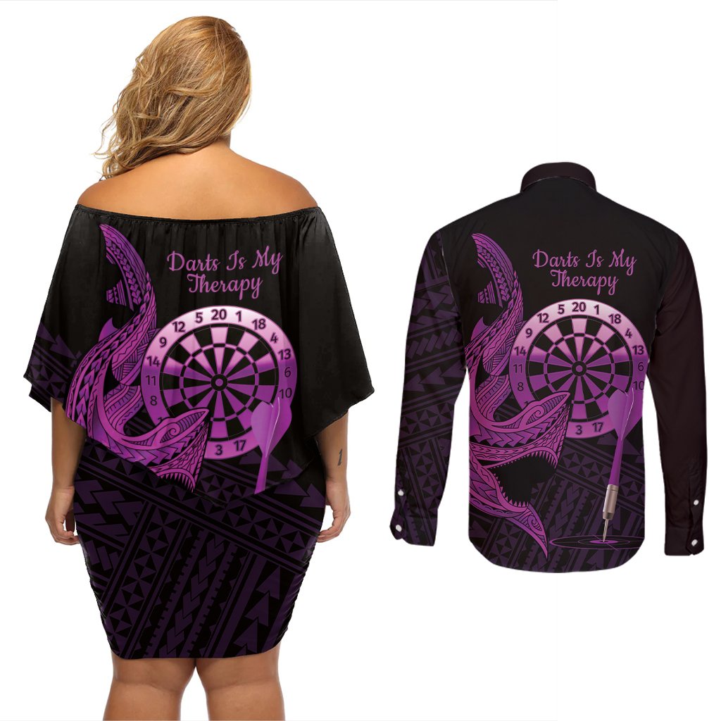 Aloha Hawaii Darts Couples Matching Off Shoulder Short Dress and Long Sleeve Button Shirt Dart Board With Polynesian Shark - Purple LT14 - Polynesian Pride