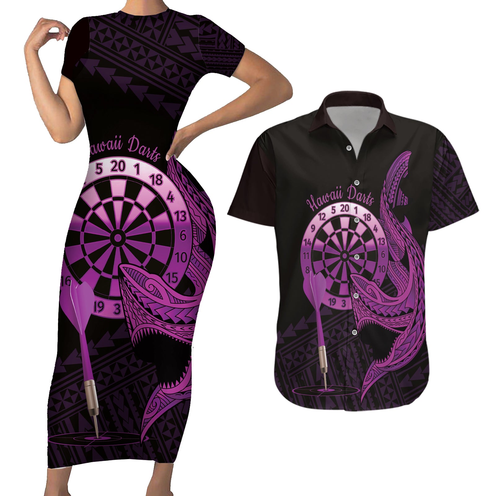 Aloha Hawaii Darts Couples Matching Short Sleeve Bodycon Dress and Hawaiian Shirt Dart Board With Polynesian Shark - Purple