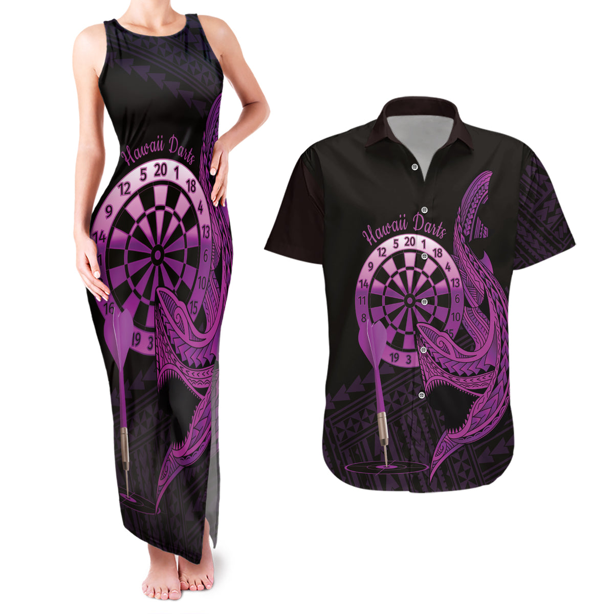 Aloha Hawaii Darts Couples Matching Tank Maxi Dress and Hawaiian Shirt Dart Board With Polynesian Shark - Purple LT14 Purple - Polynesian Pride