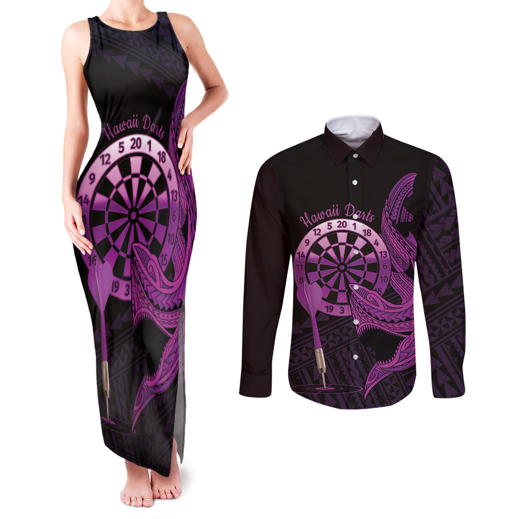 Aloha Hawaii Darts Couples Matching Tank Maxi Dress and Long Sleeve Button Shirt Dart Board With Polynesian Shark - Purple LT14 Purple - Polynesian Pride