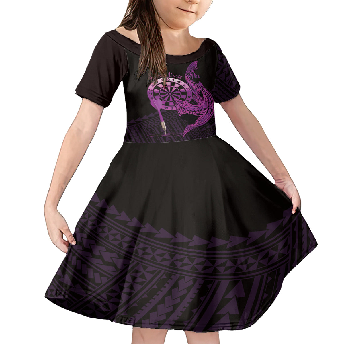 Aloha Hawaii Darts Family Matching Off Shoulder Maxi Dress and Hawaiian Shirt Dart Board With Polynesian Shark - Purple