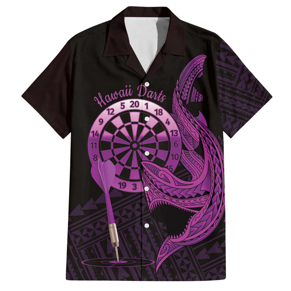 Aloha Hawaii Darts Family Matching Off Shoulder Short Dress and Hawaiian Shirt Dart Board With Polynesian Shark - Purple