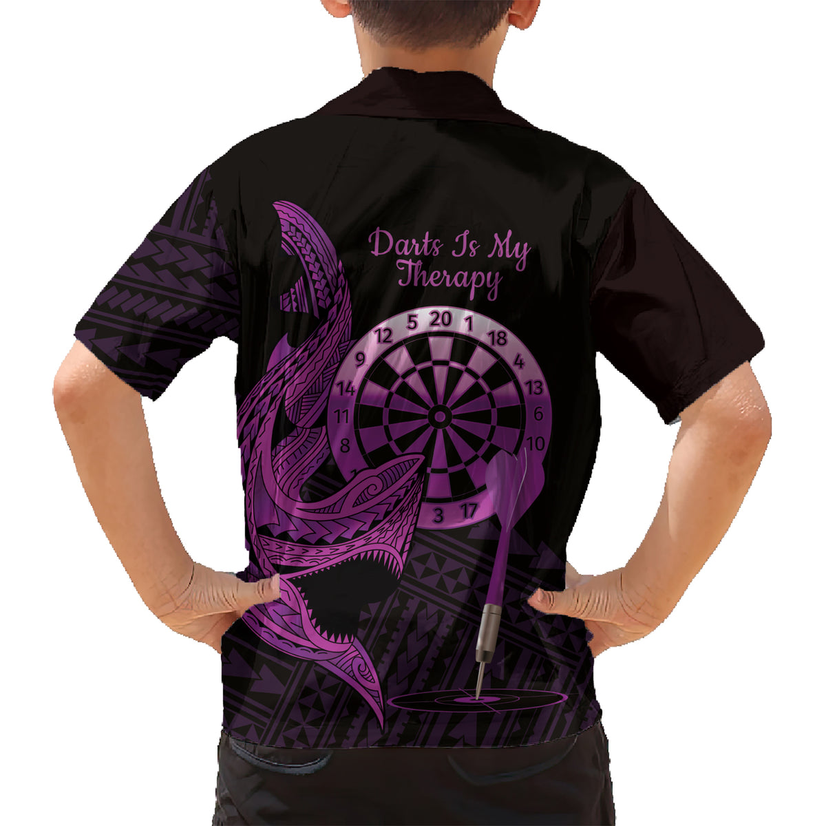 Aloha Hawaii Darts Family Matching Short Sleeve Bodycon Dress and Hawaiian Shirt Dart Board With Polynesian Shark - Purple LT14 - Polynesian Pride